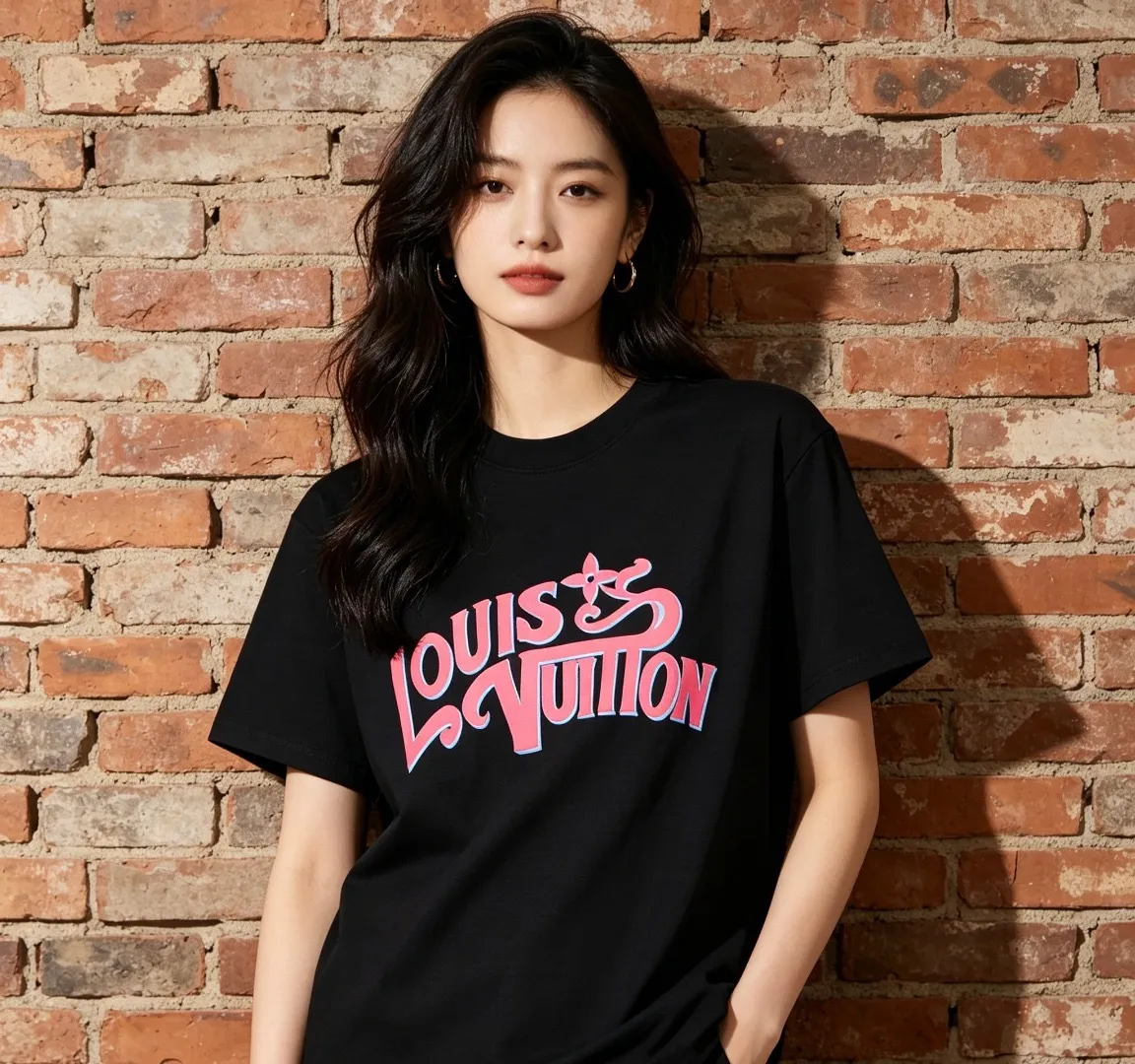 Louis Vuitton/Louis Vuitton pink graffiti 3D letter short sleeves